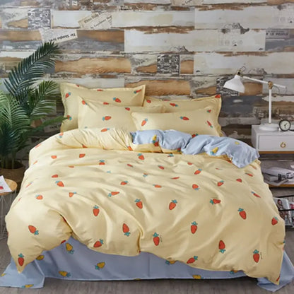 Yellow and light blue carrot cartoon printed bedding set featuring yellow strawberry pattern and light blue accents for bedroom decorbites cartoon printed bedding
