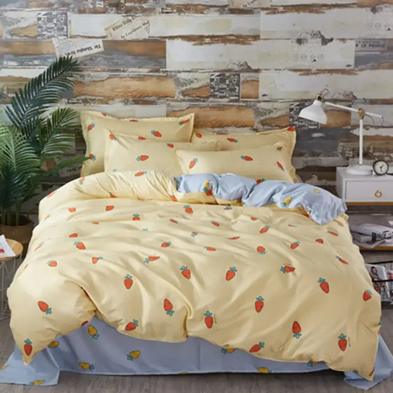 Yellow and light blue carrot cartoon printed bedding set featuring yellow strawberry pattern and light blue accents for bedroom decorbites cartoon printed bedding