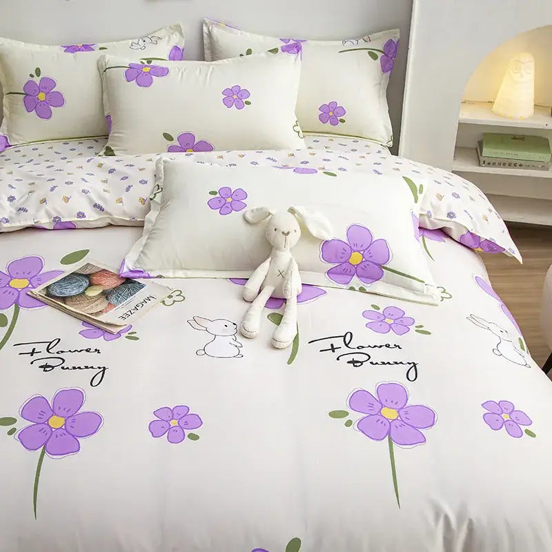 White floral bedding set with purple flowers and bunny designs for decorbites cartoon printed bedding collection