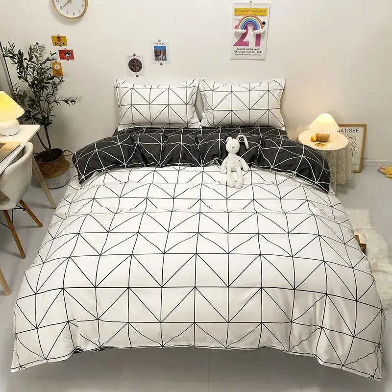 White duvet cover with black geometric line pattern in yellow and light blue carrot cartoon printed bedding set decorbites cartoon printed