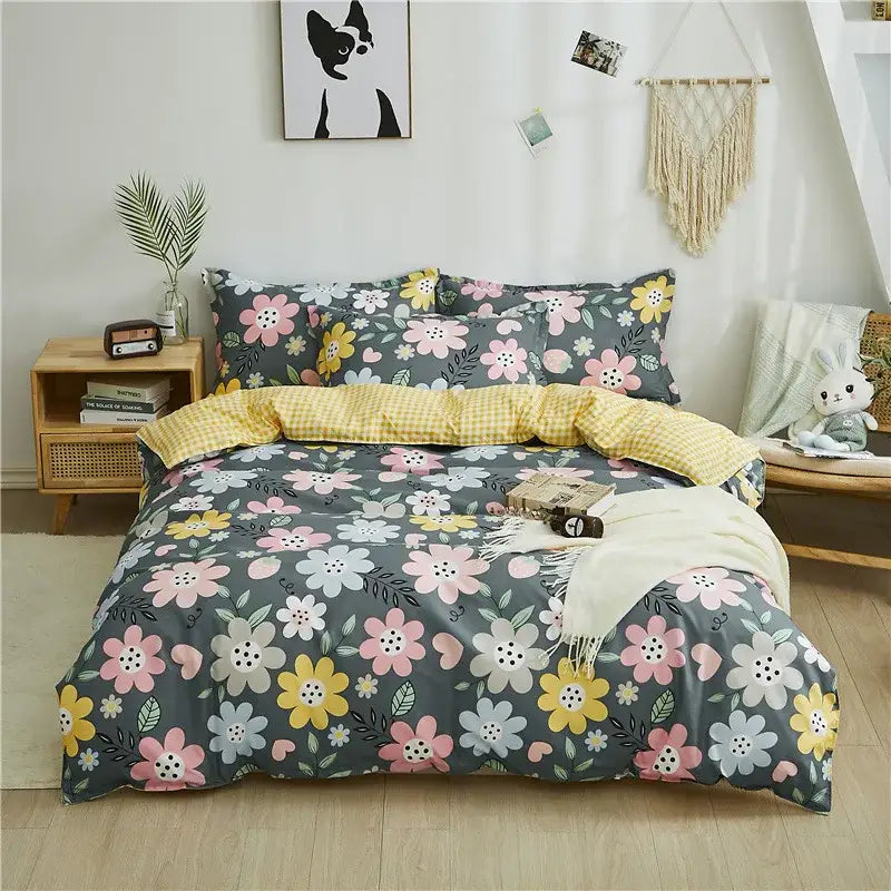 Floral-patterned gray duvet set with pink yellow and white flowers on dark background decorbites cartoon printed bedding set