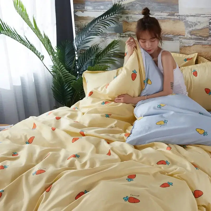 Yellow and light blue carrot cartoon printed bedding set with soft satin-like fabric finish for bedroom decorbites cartoon printed