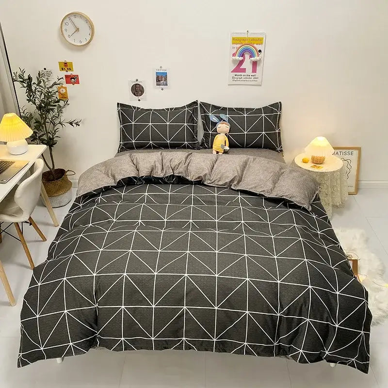 Black duvet cover with white geometric triangle pattern in decorbites cartoon printed bedding set for bedroom decor