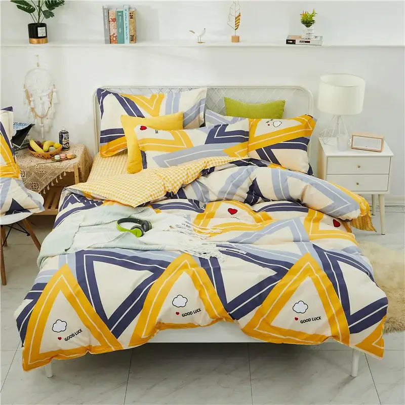 Yellow and light blue carrot cartoon printed bedding set with cozy geometric bedspread featuring good luck text and clouds