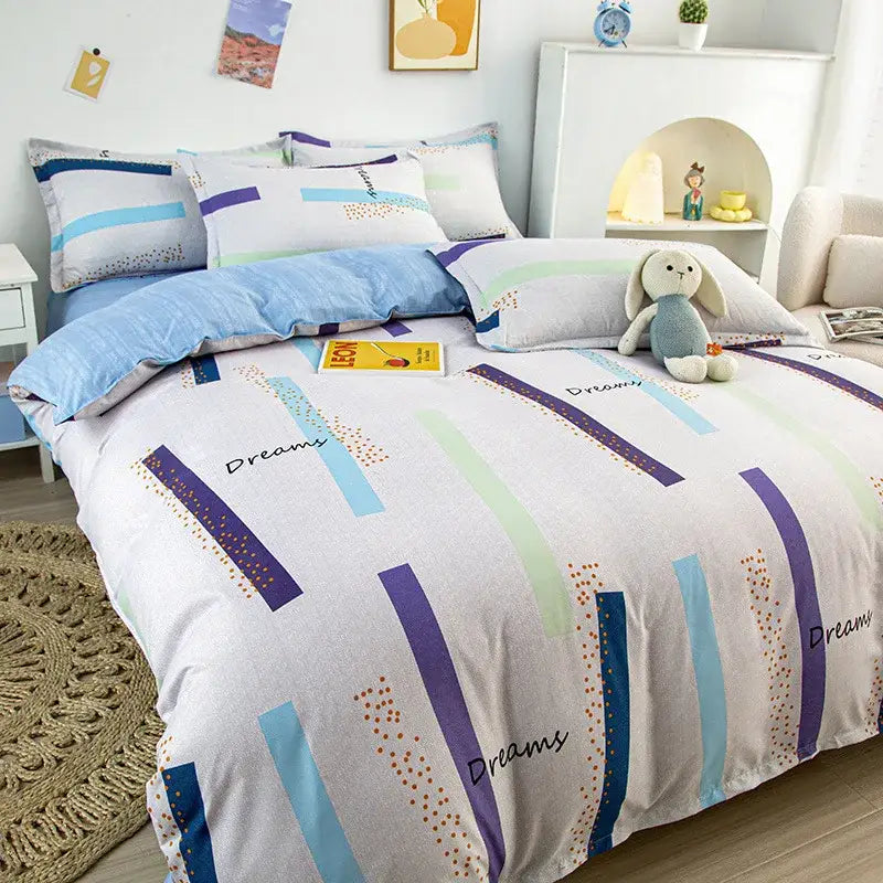Cozy white duvet cover with bold blue purple and green stripes and dreams script from decorbites cartoon printed bedding set