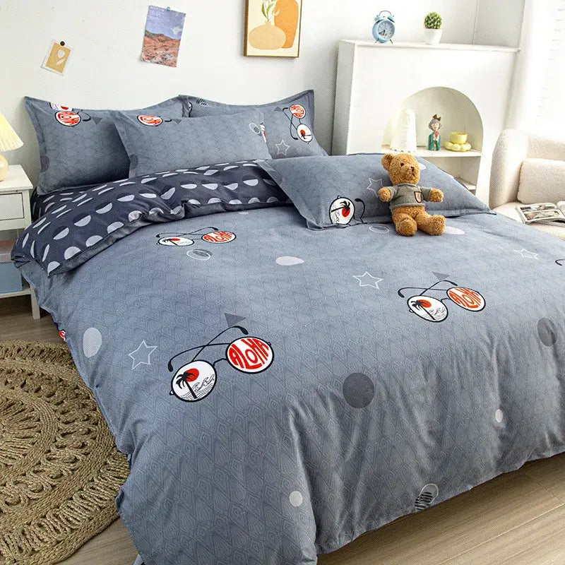 Gray bedding set with playful sunglasses and star patterns from decorbites cartoon printed yellow and light blue carrot set