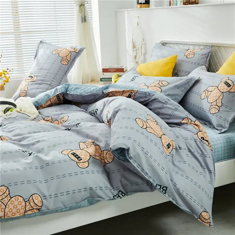 Gray teddy bear-themed bedding set with tan cartoon bears and quilted fabric for decorbites cartoon printed decor