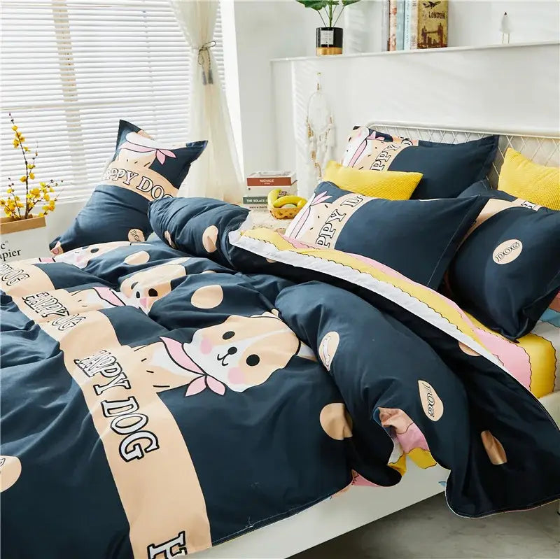 Navy blue happy dog themed bedding set with cartoon dog prints and pink accents for decorbites cartoon printed bedding