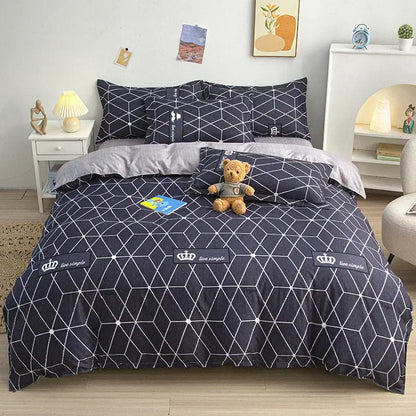 Navy blue geometric patterned duvet cover bedding set with white lines and live simple crown patches by decorbites cartoon printed