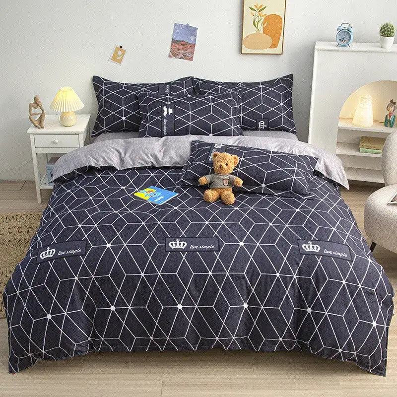 Navy blue geometric patterned duvet cover bedding set with white lines and live simple crown patches by decorbites cartoon printed