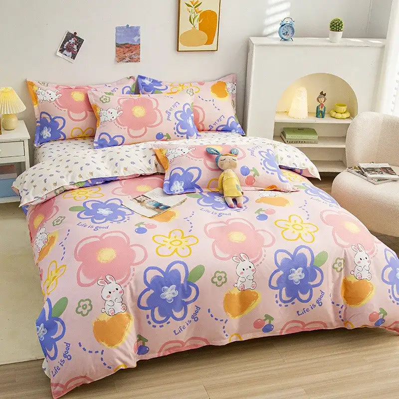 Yellow and light blue carrot cartoon printed bedding set with pink floral comforter featuring cotton fabric decorbites cartoon printed design