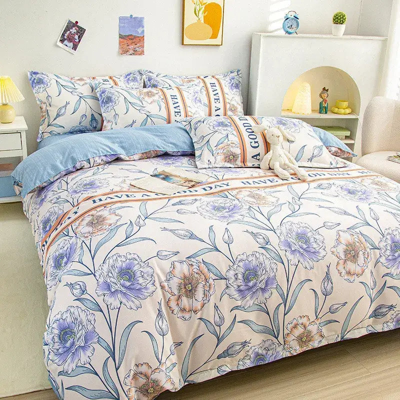 A soft floral bedding set with delicate purple blossoms on cream background for decorbites cartoon printed decor
