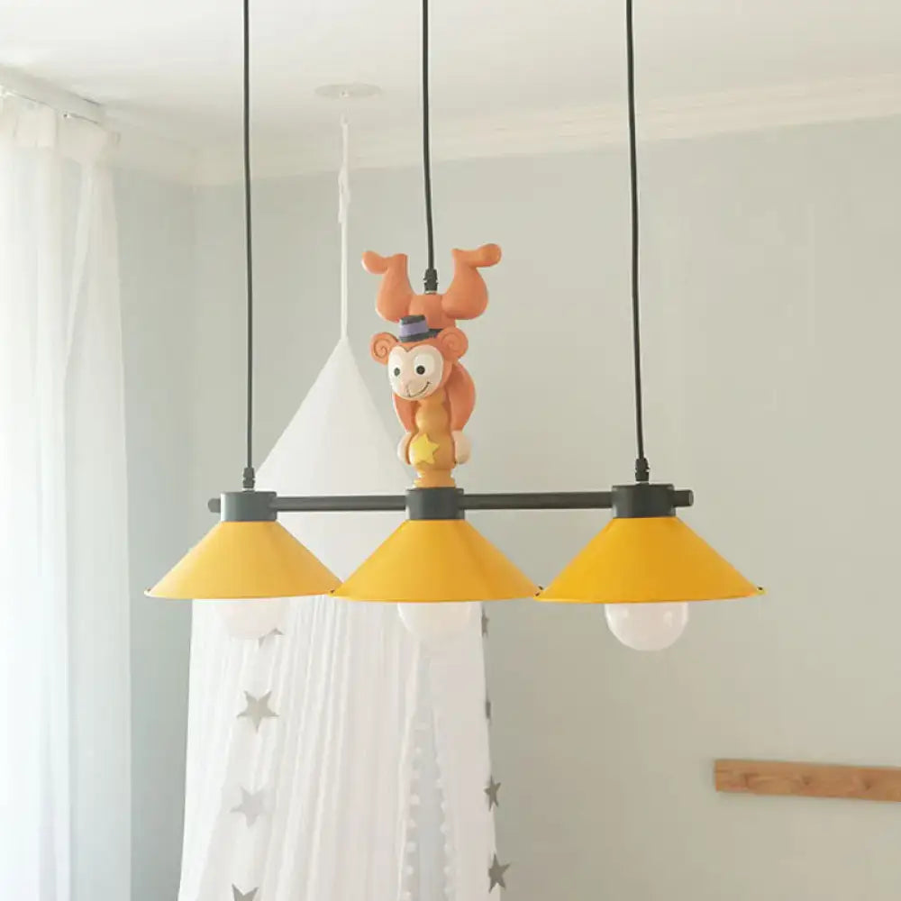 DecorBites™ 3-head yellow cone pendant lamp with monkey décor features orange shades and black metal frame for e26 e27 bulbs