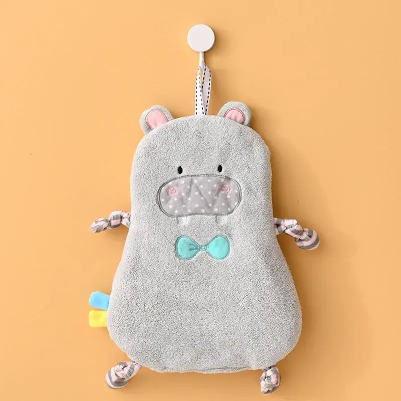 Gray plush hippo hand towel with pink ears turquoise bow tie and striped arms for decorbites cartoon animal bathroom decor