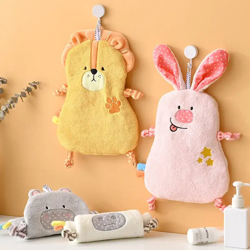 Yellow and pink cartoon animal hand towels with embroidered lion and bunny designs for decorbites cartoon animal bathroom decor