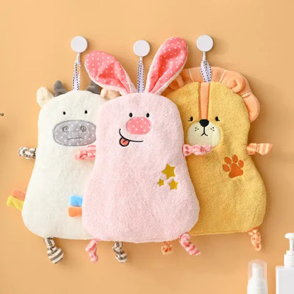 Pink plush bunny-shaped bath mitt with embroidered face and stars for yellow and pink cartoon animal hand towel decorbites cartoon animal