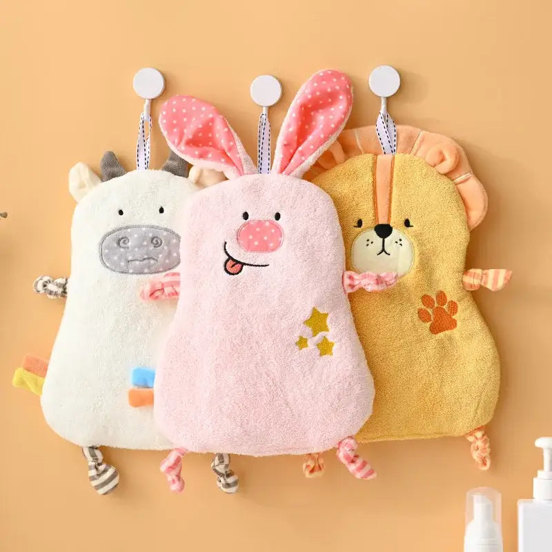 Pink plush bunny-shaped bath mitt with embroidered face and stars for yellow and pink cartoon animal hand towel decorbites cartoon animal