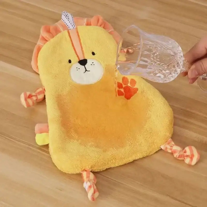Yellow plush lion-shaped hot water bottle with orange mane and striped bow-tie legs for decorbites cartoon animal hand towel bathroom decor