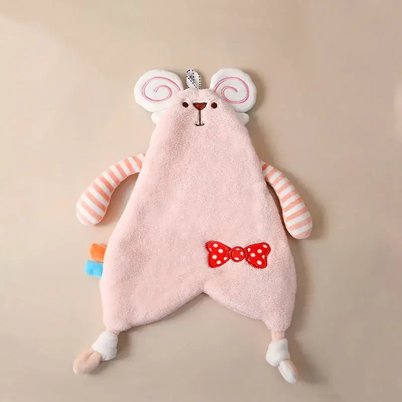 Yellow and pink cartoon animal hand towel featuring a pink plush mouse comforter with striped arms and red bow decorbites cartoon animal