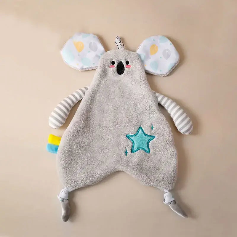 Soft gray koala-shaped baby comforter with striped arms and teal star embroidered belly for decorbites cartoon animal hand towel decor