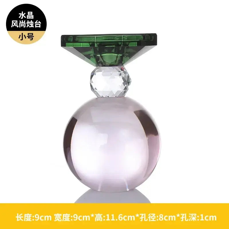 Yellow and pink crystal candle holder with a translucent lavender body, faceted clear gemstone, and green diamond top