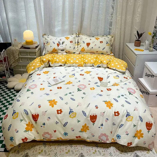 Yellow and white flowers print cotton bedding set with floral pattern and bedroom bunny decor pillow sham