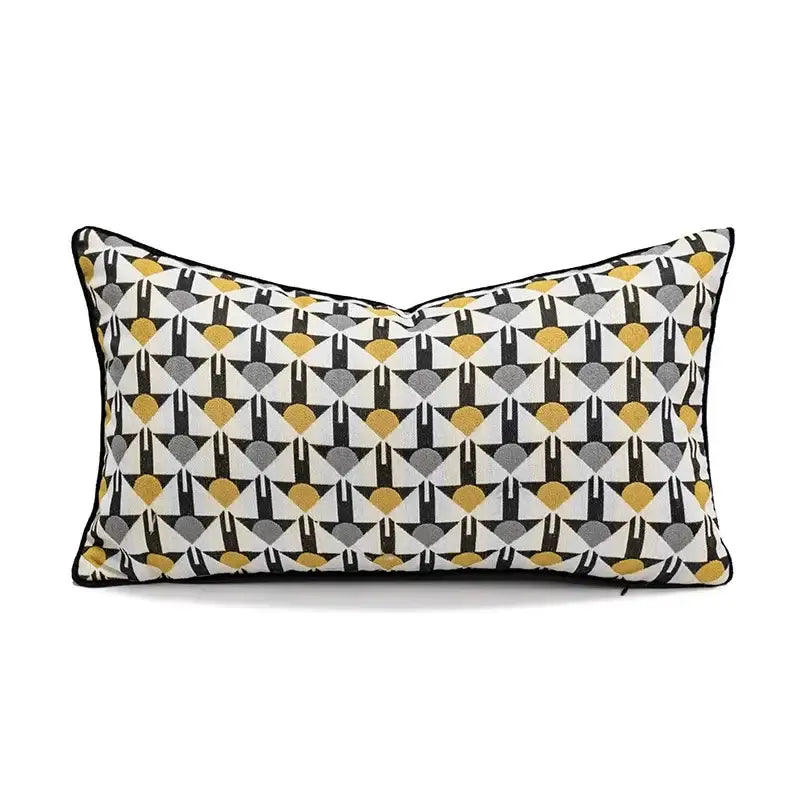 Rectangular yellow and white geometric elephant cushion cover with black gray and mustard pattern for living room decorbites decor