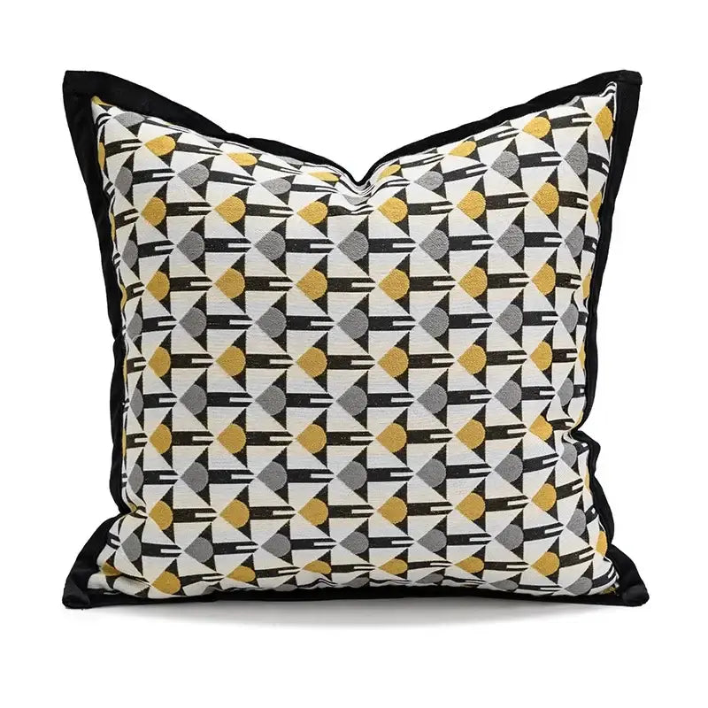 Yellow and white geometric elephant cushion cover with black gray and mustard circle pattern and black border decorbites geometric elephant