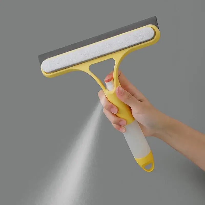 Yellow and white glass cleaning brush squeegee with spray nozzle for bathroom tiles by decorbites cleaning brush