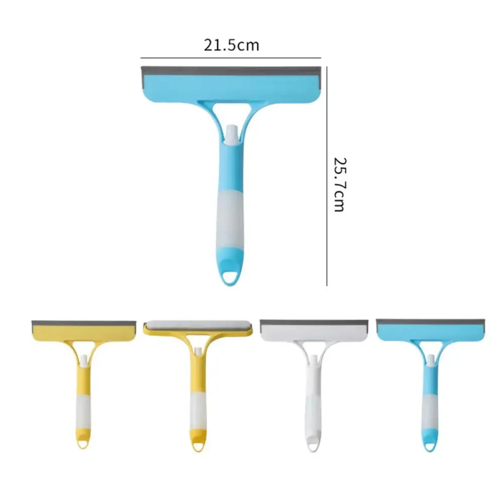 Blue and white plastic glass cleaning brush squeegee with gray rubber blade for bathroom tiles by decorbites