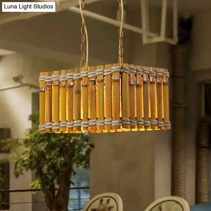 Yellow Bamboo Chandelier: Industrial 2-Bulb Ceiling Hang Fixture with Rope
