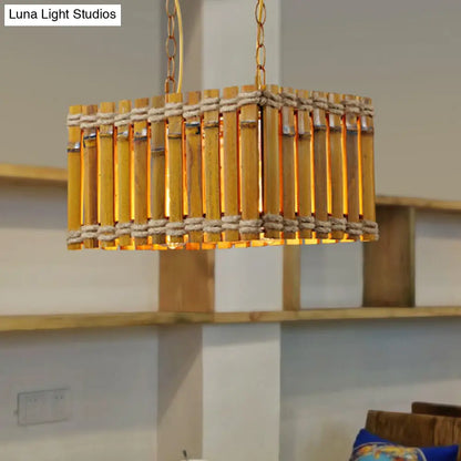 Yellow Bamboo Chandelier: Industrial 2-Bulb Ceiling Hang Fixture with Rope