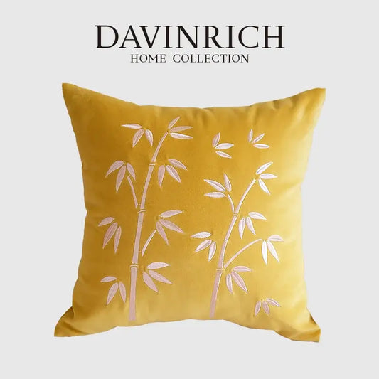 Yellow bamboo velvet throw pillow cover with delicate white bamboo embroidery for bedroom decor throw pillow