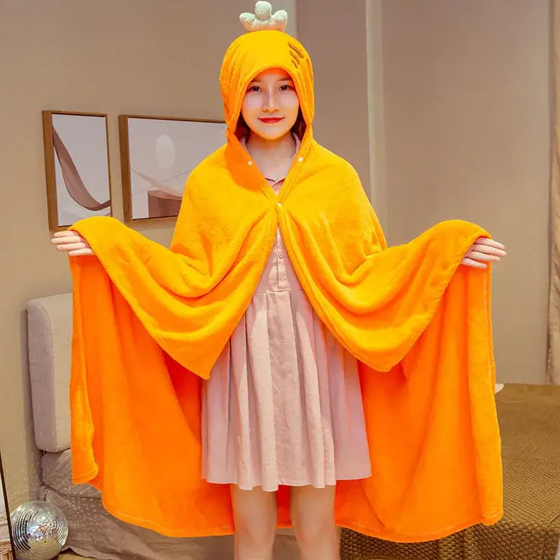 Bright yellow plush hooded cape blanket with cute chicken head design soft fluffy texture for bedroom and office warmth
