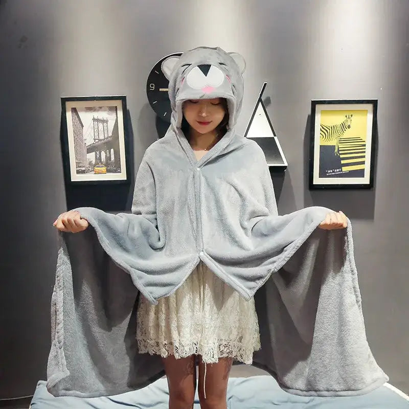 Gray plush bear hooded cape blanket with soft fleece material and embroidered face for bedroom and office warmth
