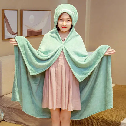 Mint green plush hooded cape blanket with integrated hood for bedroom and office warmth featuring yellow bear design