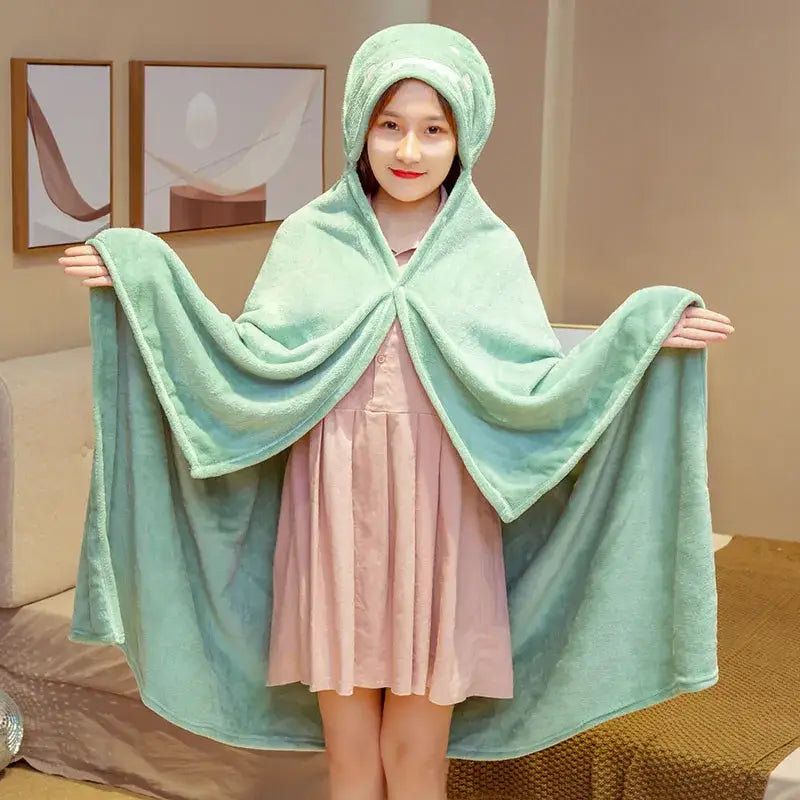 Mint green plush hooded cape blanket with integrated hood for bedroom and office warmth featuring yellow bear design