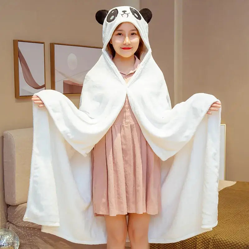 White plush panda-themed hooded cape blanket with black ear and eye details for bedroom and office warmth