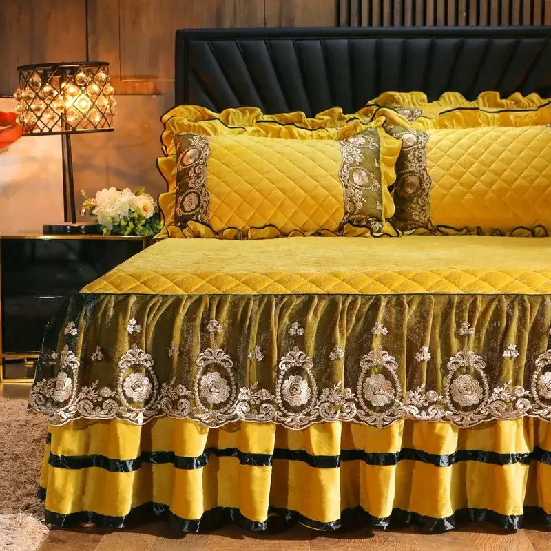 Yellow and olive green velvet bed skirt with quilted diamond pattern and silver floral embroidery in decorbites crystal velvet bedspread set