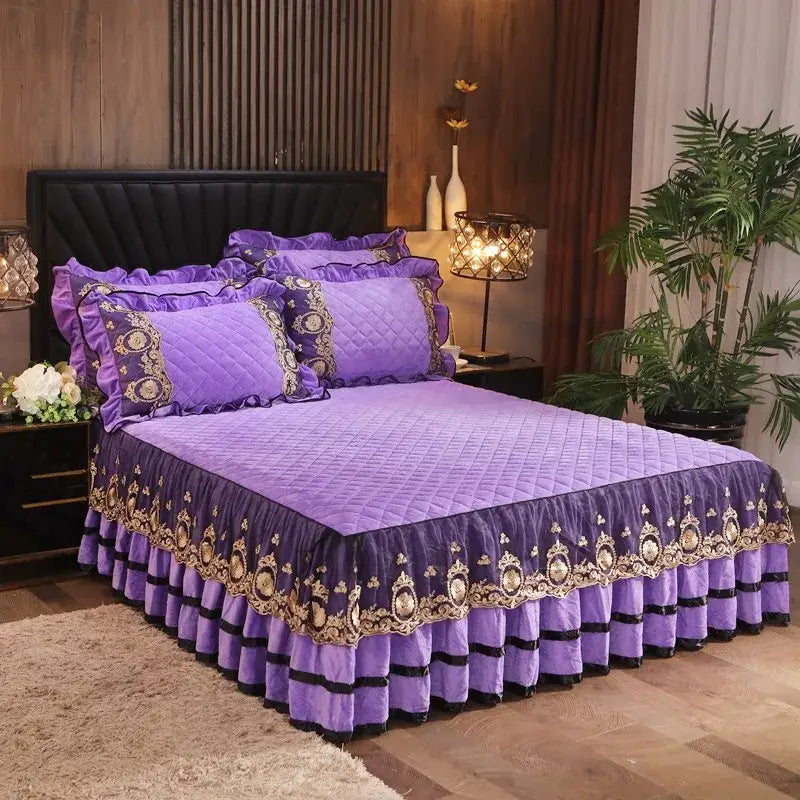 Purple quilted bed skirt with gold and black ornate embroidery ruffled hem for decorbites crystal velvet bedspread set