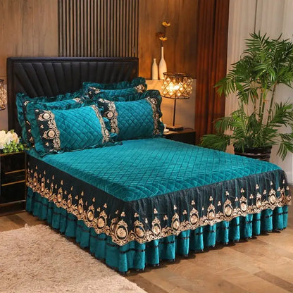 Teal velvet bedspread set with quilted diamond pattern and ornate gold embroidery for decorbites crystal velvet bedding