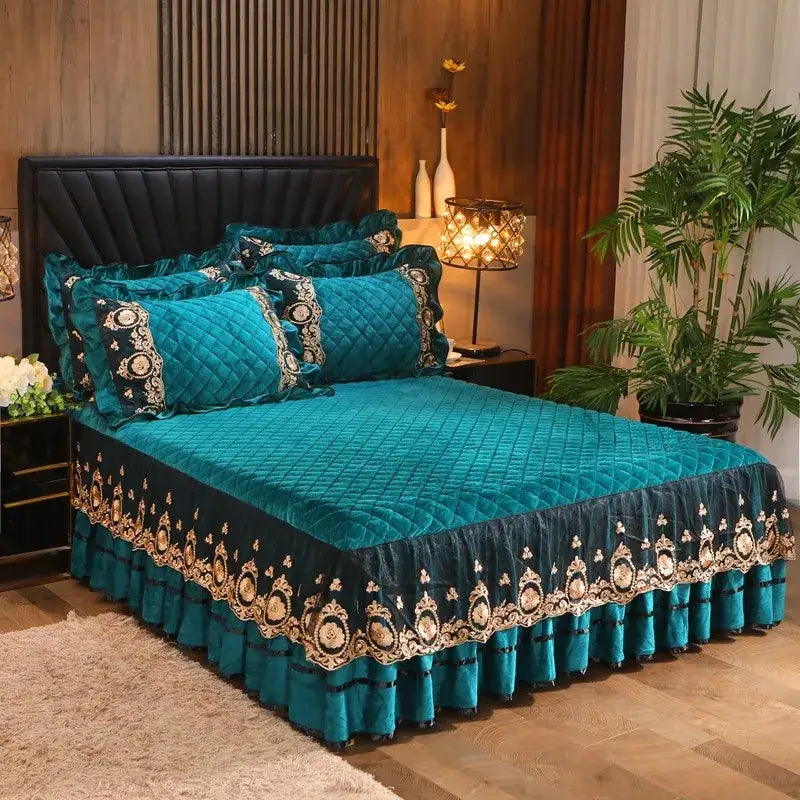 Teal velvet bedspread set with quilted diamond pattern and ornate gold embroidery for decorbites crystal velvet bedding