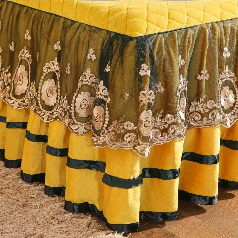 Yellow velvet bed skirt with black satin stripes and gold embroidery in decorbites crystal velvet bedspread set