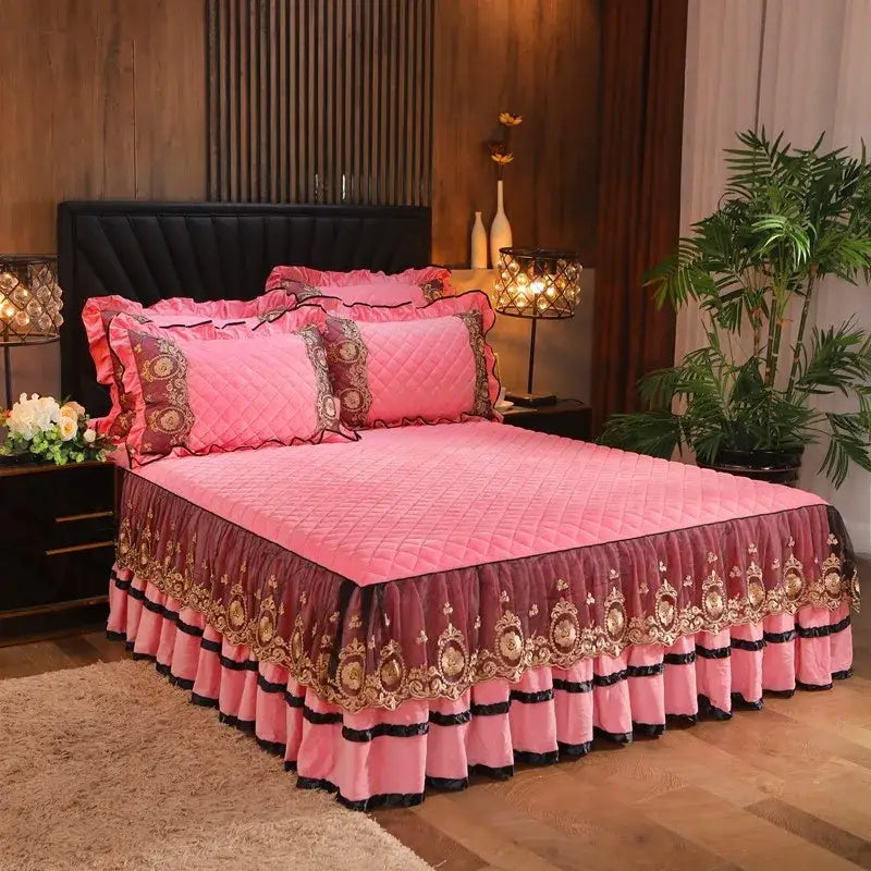 Pink quilted bed skirt with gold and black ornate embroidery ruffled hem for decorbites crystal velvet bedspread set
