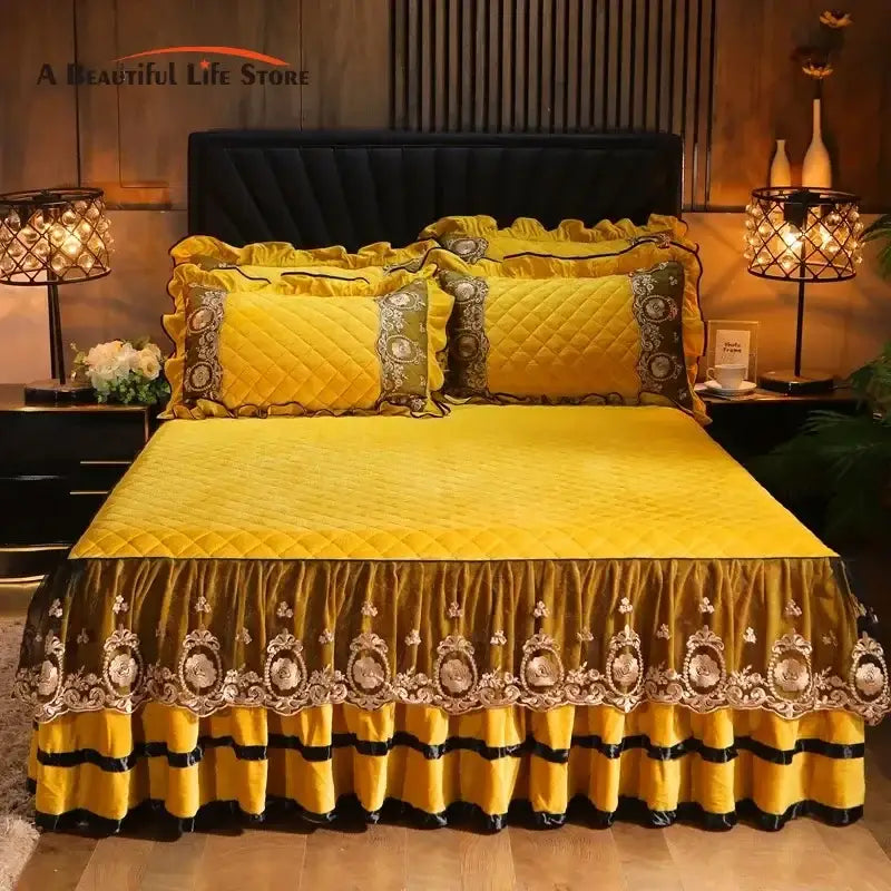 Yellow velvet bed skirt with gold and black embroidered detailing from decorbites crystal velvet bedspread set