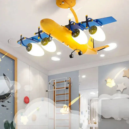 Yellow and blue airplane bluetooth speaker lamp with green propellers and black wheels for kids room decorbites decor
