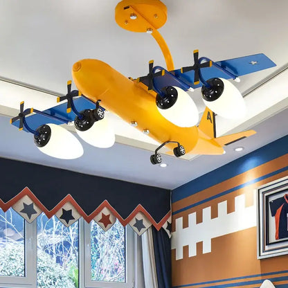 Yellow and blue airplane bluetooth speaker lamp with black propellers and white lampshades for kids room decorbites