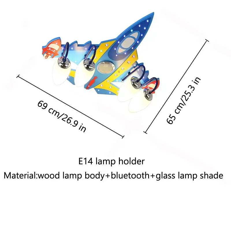 Yellow and blue airplane bluetooth speaker lamp with wooden body and glass shades for kids room decorbites bluetooth speaker