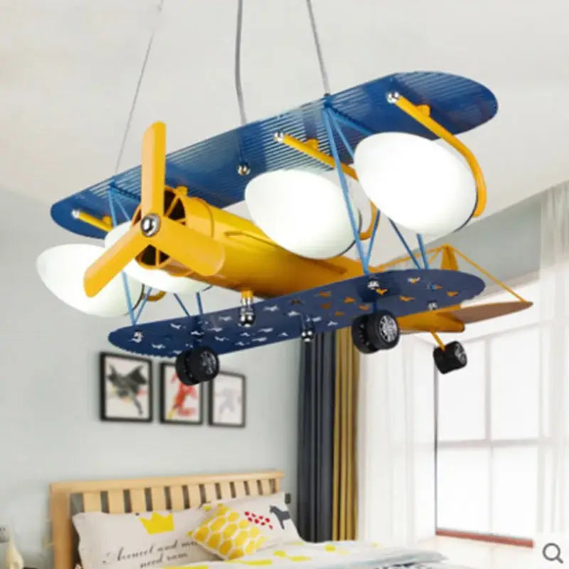 Yellow and blue airplane bluetooth speaker lamp kids room chandelier with white globe bulbs and biplane design