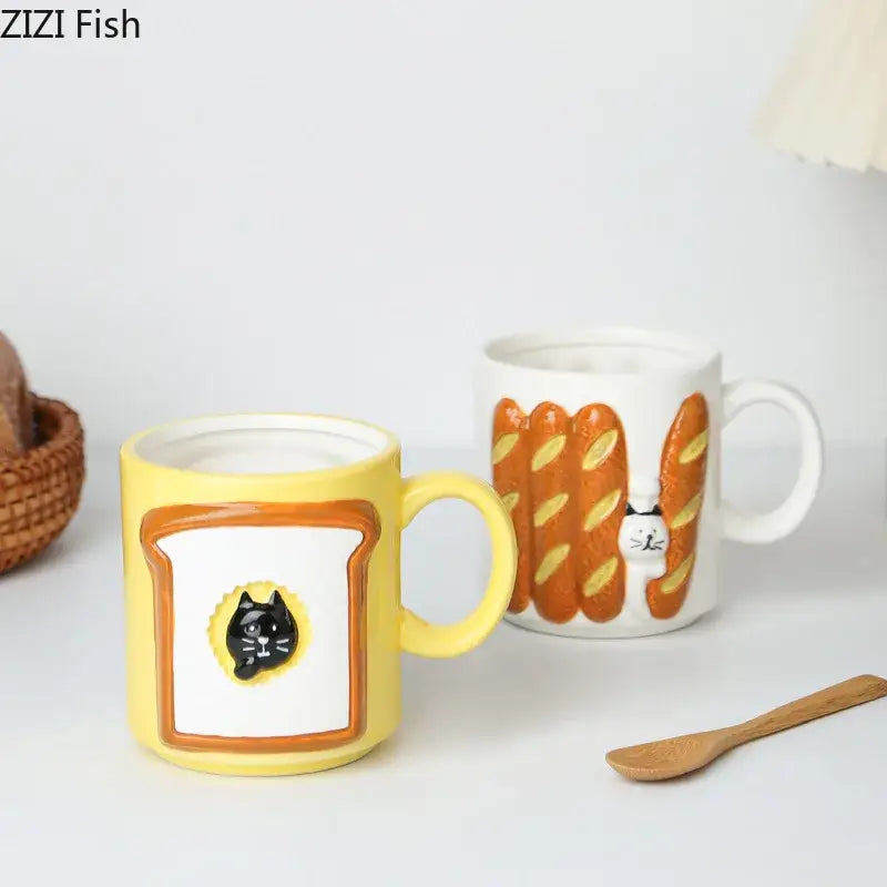 Yellow bread pattern ceramic cat mug with black cat design on a slice of toast pattern ceramic cup for kitchen use